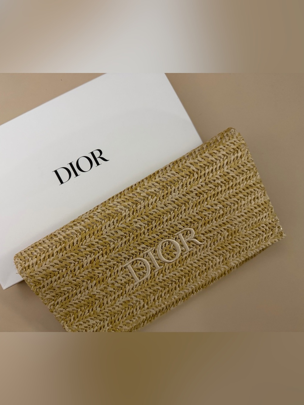 Dior Beige Woven Straw Clutch with DIOR Embroidery